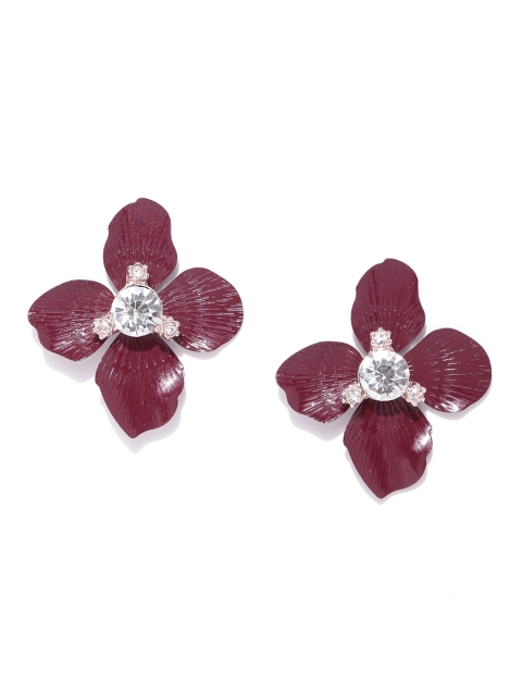Forever New Burgundy Stone Studded Floral Drop Earrings