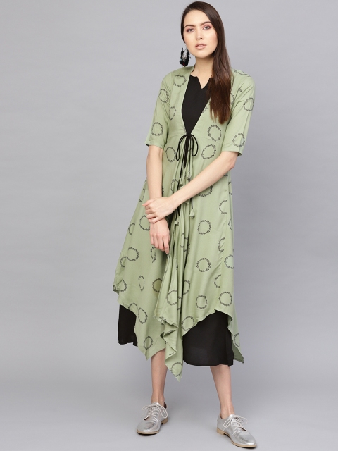 Libas Women Black & Green Solid Layered A-Line Dress