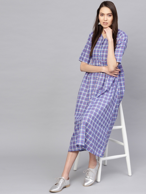 Libas Women Blue Checked A-Line Dress