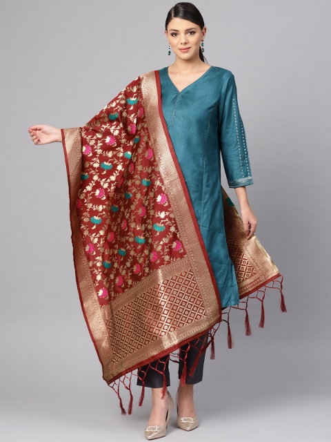 SUTRAM Maroon & Golden Zari Woven Design Banarasi Dupatta