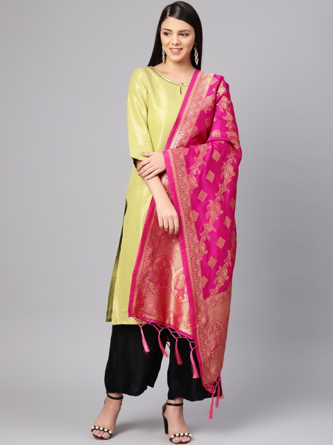 SUTRAM Pink & Golden Zari Work Banarsi Dupatta