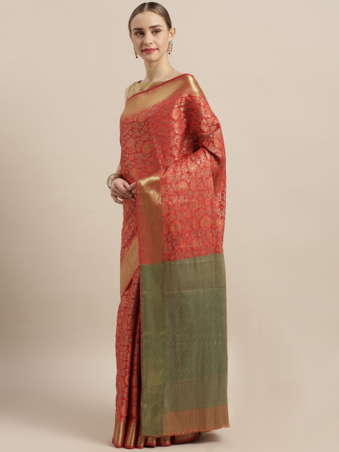Satrani Red & Green Poly Silk Woven Design Banarasi Saree
