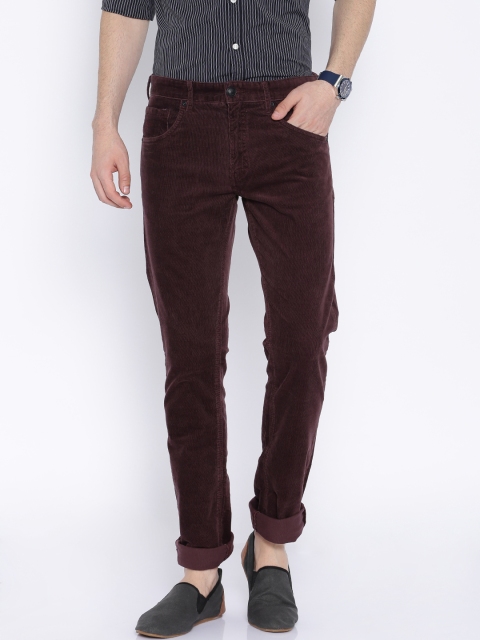 Flying Machine Burgundy Slim Fit Corduroy Trousers