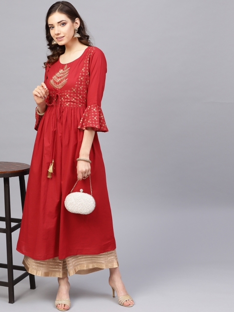Varanga Women Red & Beige Yoke Design Kurta with Palazzos