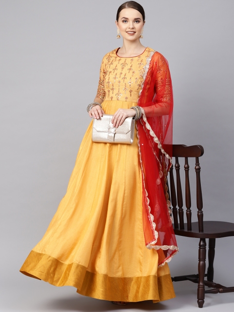 Inddus Women Mustard Yellow Yoke Design Anarkali Kurta with Dupatta