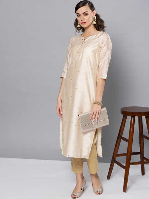 STREET 9 Women Cream-Coloured & Beige Self Design Kurta with Trousers