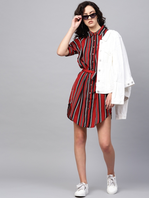Femella Women Red & Black Striped Shirt Dress
