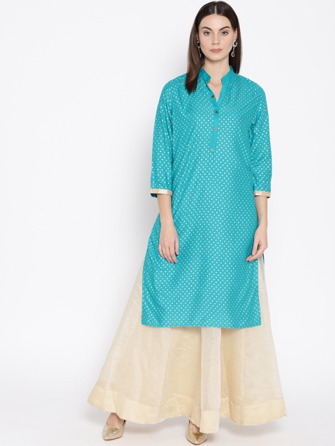 Vastraa Fusion Women Blue & Golden Printed Straight Kurta