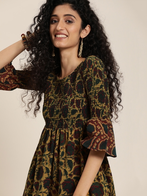 Taavi Women Mustard Yellow & Green Ajrakh Hand Block Print A-Line Sustainable Dress with Bell Sleeves
Taavi Women Mustard Yellow & Green Ajrakh Hand Block Print A-Line Sustainable Dress with Bell Sleeves