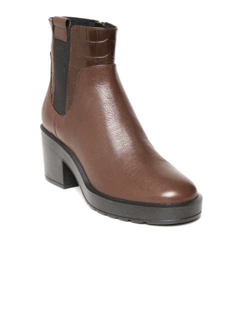 Geox Women Brown Solid Leather Mid-Top Heeled Boots