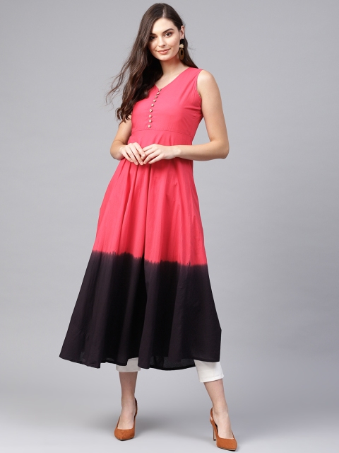 SASSAFRAS Women Pink & Black Dyed A-Line Kurta