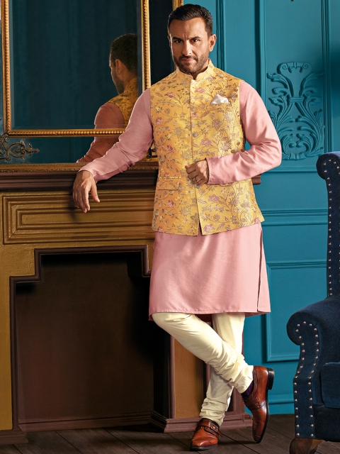 House of Pataudi Men Pink & Off-White Solid Kurta with Churidar & Embroidered Nehru Jacket
House of Pataudi Men Pink & Off-White Solid Kurta with Churidar & Embroidered Nehru Jacket