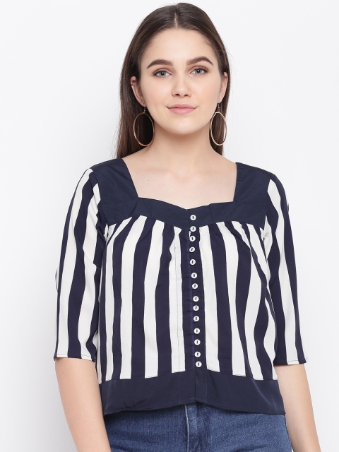 LA LOFT Women White & Navy Blue Striped Top