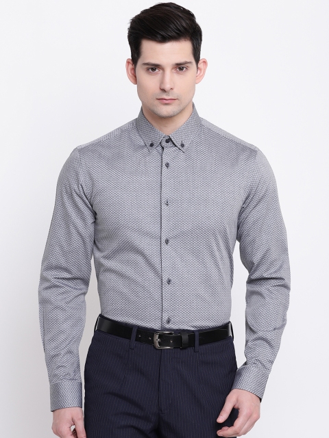 AC&F Men Grey & Black Slim Fit Printed Formal Shirt