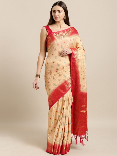 Mitera Peach-Coloured & Red Silk Blend Woven Design Banarasi Saree