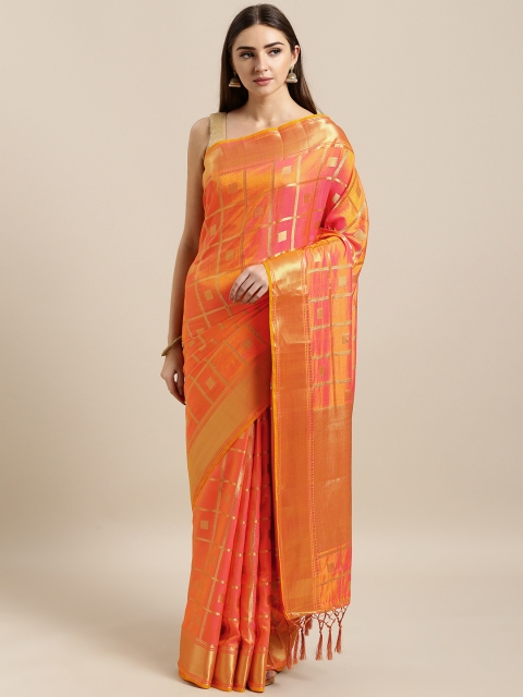 Mitera Orange & Pink Silk Blend Dual Tone Checked Banarasi Saree