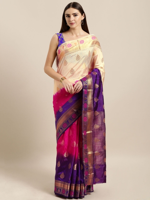 Mitera Cream-Coloured & Pink Silk Blend Woven Design Banarasi Saree