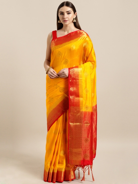 Mitera Yellow & Red Silk Blend Woven Design Banarasi Saree