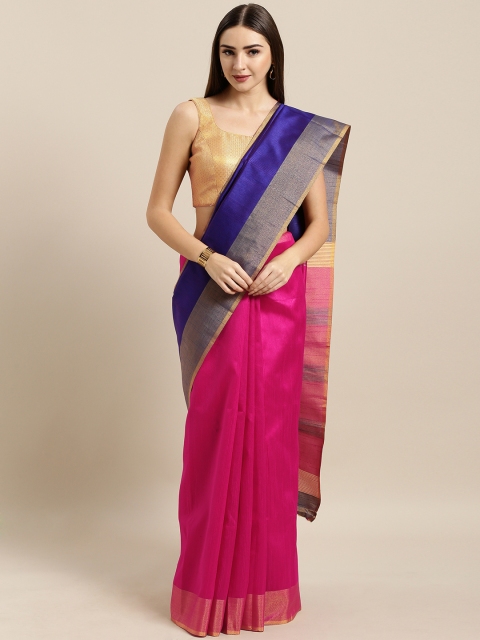 Mitera Pink & Blue Silk Cotton Colourblocked Mangalagiri Saree