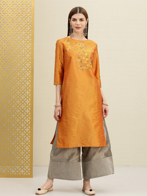 House of Pataudi Women Mustard Floral Embroidered Straight Kurta
House of Pataudi Women Mustard Floral Embroidered Straight Kurta