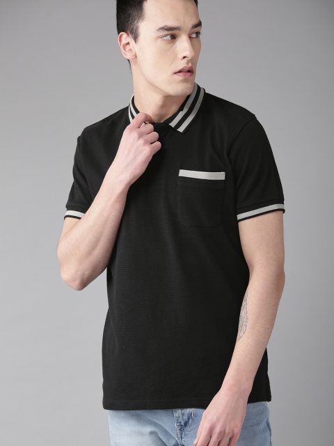 Roadster Men Black Self Design Polo Collar T-shirt