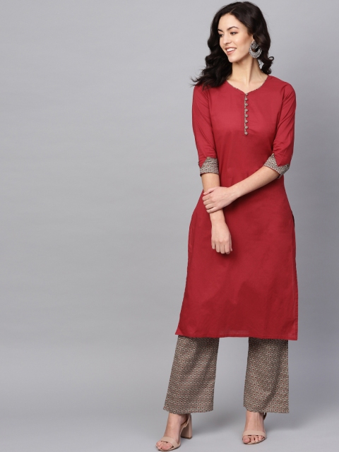 Azira Women Maroon & Grey Solid Kurta with Palazzos