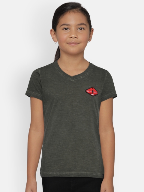 Zalza Girls Olive Green Solid V-Neck T-shirt