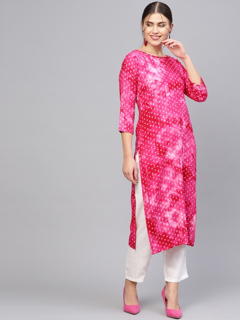 Nayo Women Pink & White Printed Straight Kurta