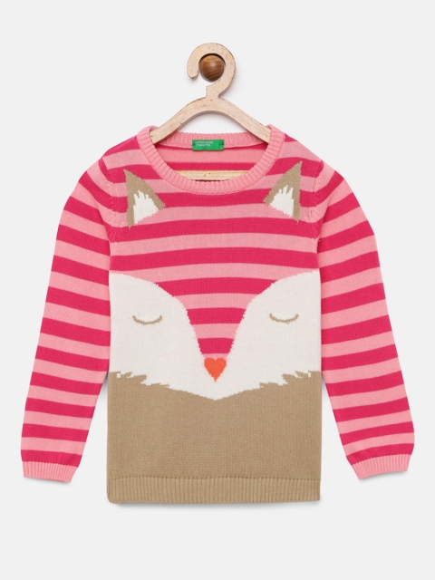 United Colors of Benetton Girls Pink & White Striped Sweater