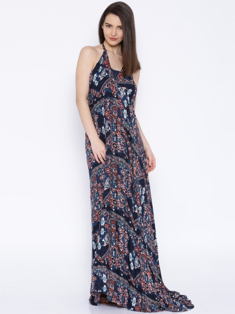 Tokyo Talkies Navy Printed Maxi Dress, Navy blue
