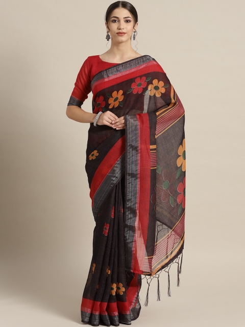Saree mall Charcoal Grey & Red Printed Saree