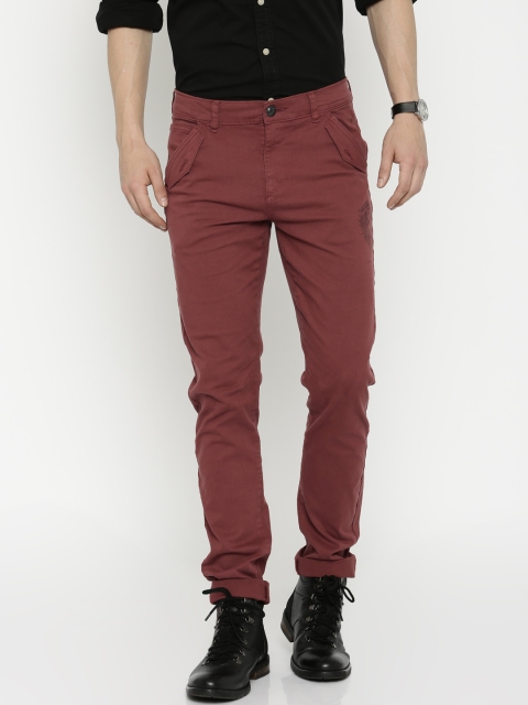 Ed Hardy Maroon Slim Fit Casual Trousers
