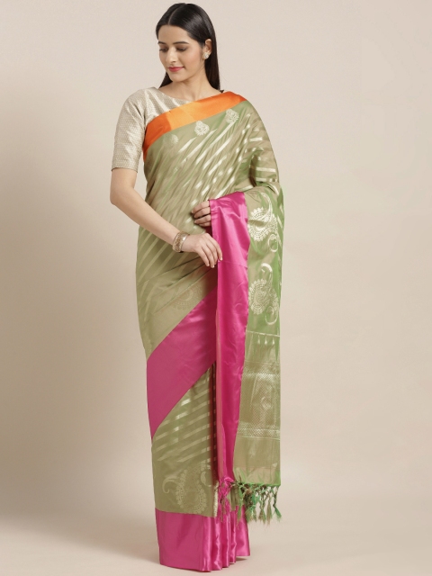 Varkala Silk Sarees Green & Pink Silk Blend Striped Kanjeevaram Saree