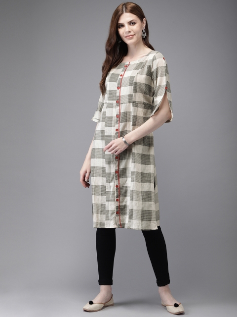 Anouk Women Black & Off-White Checked Straight Kurta