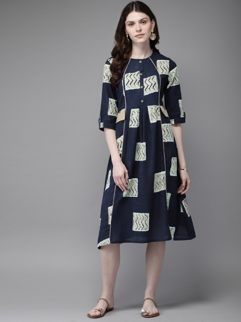 Anouk Women Printed Navy Blue A-Line Dress