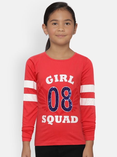 612 league Girls Coral Pink Printed Round Neck Pure Cotton T-shirt