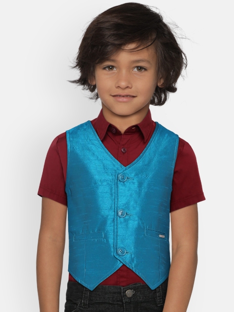 612 League Boys Turquoise Blue Solid Waistcoat