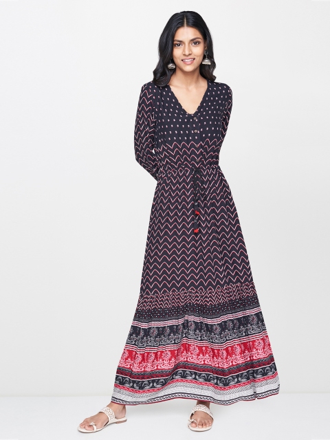 Global Desi Women Black & Red Printed Maxi Dress
