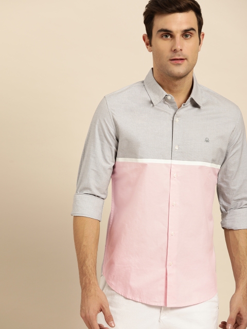 United Colors of Benetton Men Pink & Grey Slim Fit Colourblocked Casual Shirt