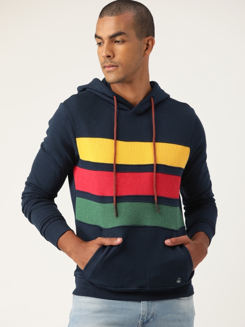 United Colors of Benetton Men Navy Blue Striped Hooded Sweatshirt