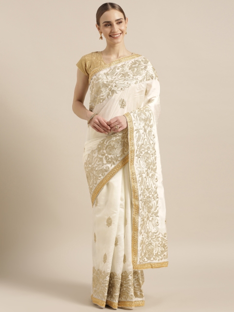 Mitera Off-White & Gold-Toned Art Silk Embroidered Kanjeevaram Saree