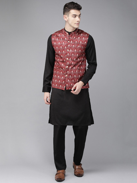 Anouk Men Black & Maroon Self Design Kurta with Trousers & Nehru Jacket
Anouk Men Black & Maroon Self Design Kurta with Trousers & Nehru Jacket