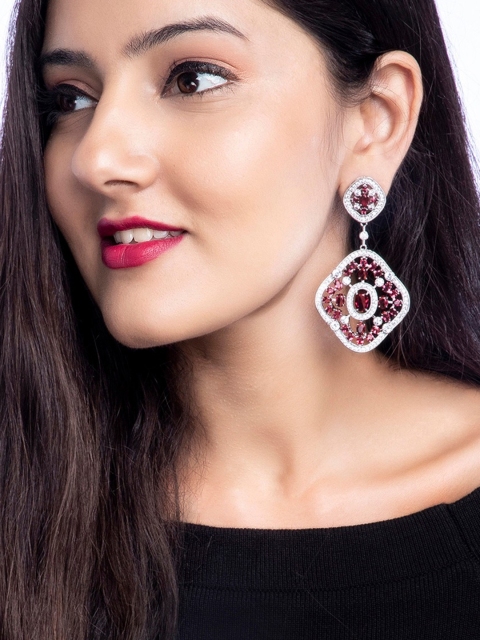 Rubans Silver-Toned & Red Classic Drop Earrings
