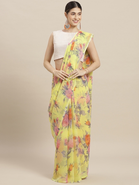 Nanda Silk Mills Yellow & Grey Poly Chiffon Printed Saree