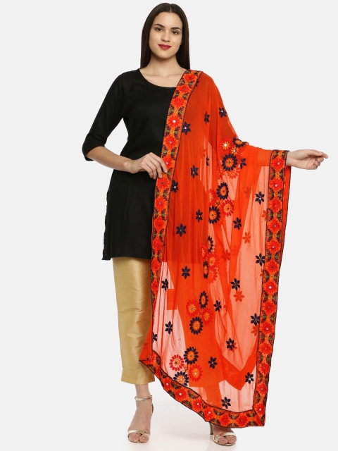WEAVERS VILLA Orange & Navy Blue Embroidered Dupatta