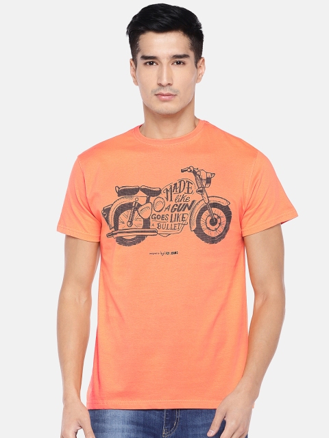 Globus Men Coral Orange & Grey Printed Round Neck T-shirt