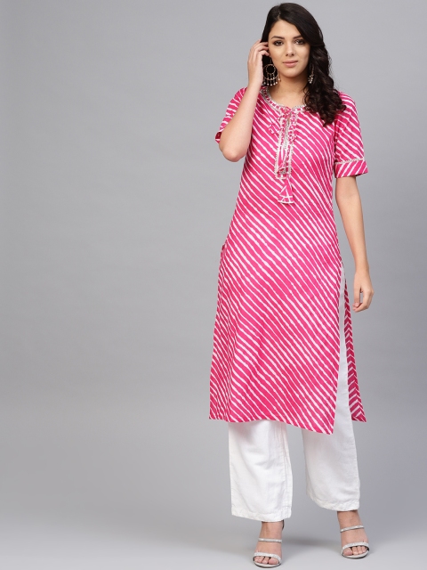 SIAH Women Pink & White Leheriya Printed Straight Kurta