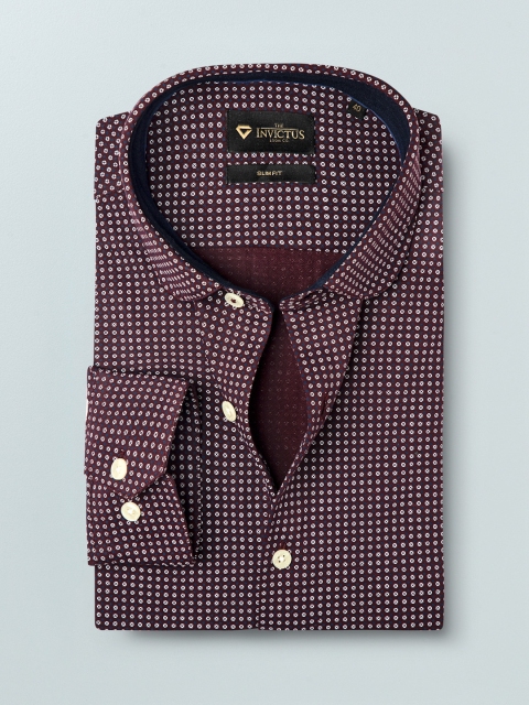 INVICTUS Men Slim Fit Maroon & White Printed Formal Knitted Shirt