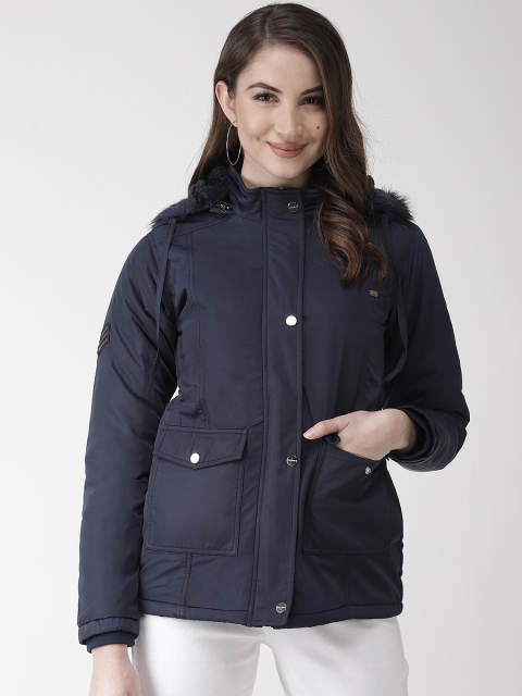 Okane Women Navy Blue Hooded Solid Parka Jacket