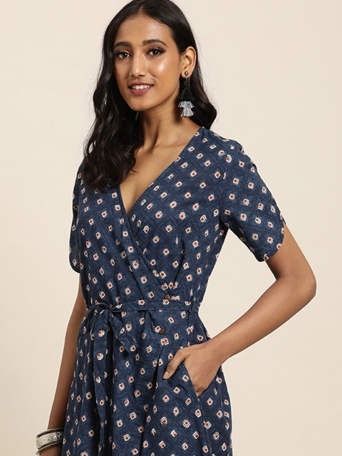 Taavi Women Blue & Maroon Bagru Hand Block Print Wrap Sustainable Dress with Fabric Belt and Pockets, Navy blue
Taavi Women Blue & Maroon Bagru Hand Block Print Wrap Sustainable Dress with Fabric Belt and Pockets, Navy blue